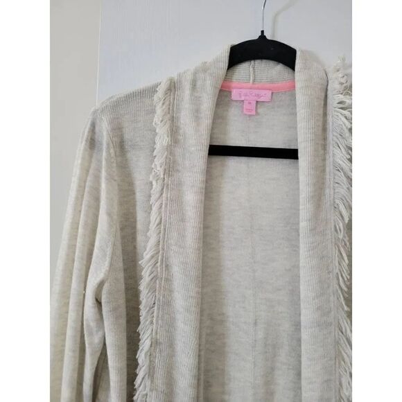 Lilly Pulitzer Bridget Open Cardigan Fringe Trim Women’s Medium Sweater, Oatmeal - Picture 2 of 8